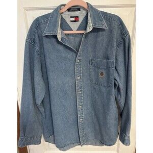 Vintage 90s Tommy Hilfiger Denim Button Down Shirt Lion Crest Mens SIZE Medium